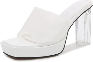 bbruriy Women's Clear Heeled Sandals Platform Chunky Block High Heels Square Open Toe Slip on Backless Slippers Nightclub Pole Dance Dress Shoes