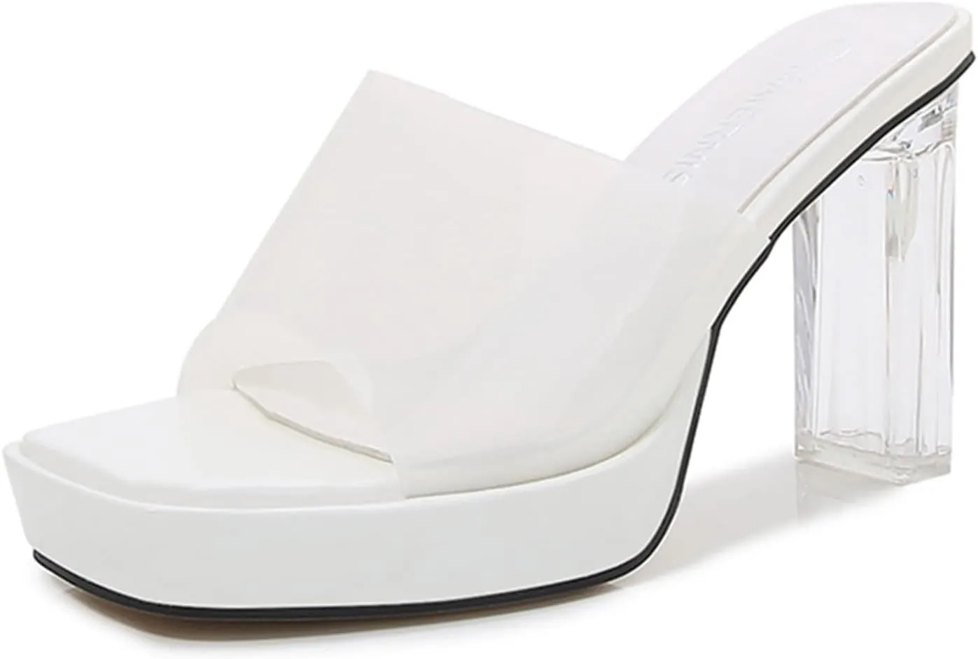 bbruriy Women's Clear Heeled Sandals Platform Chunky Block High Heels Square Open Toe Slip on Backless Slippers Nightclub Pole Dance Dress Shoes