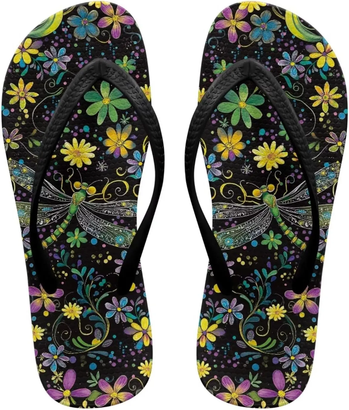 Bee Dragonfly Print Walking Flip Flops Shower Shoes for Women Beach Flat Sandals Thong Slippers