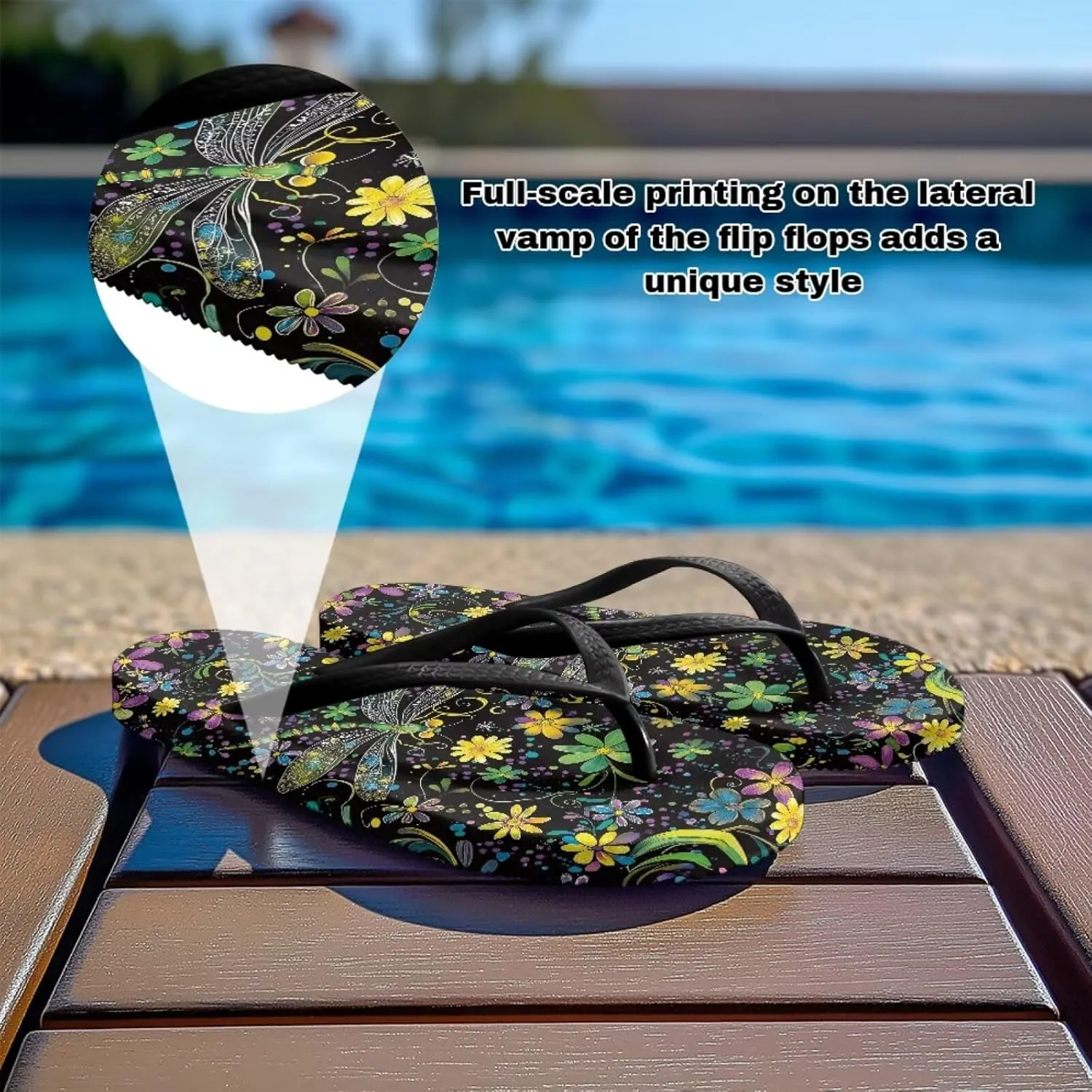 Bee Dragonfly Print Walking Flip Flops Shower Shoes for Women Beach Flat Sandals Thong Slippers
