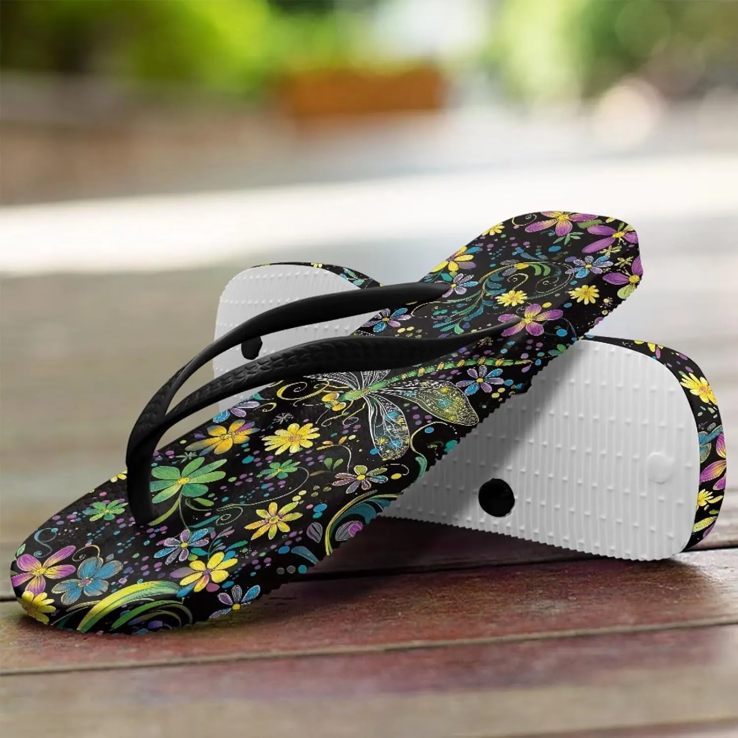 Bee Dragonfly Print Walking Flip Flops Shower Shoes for Women Beach Flat Sandals Thong Slippers