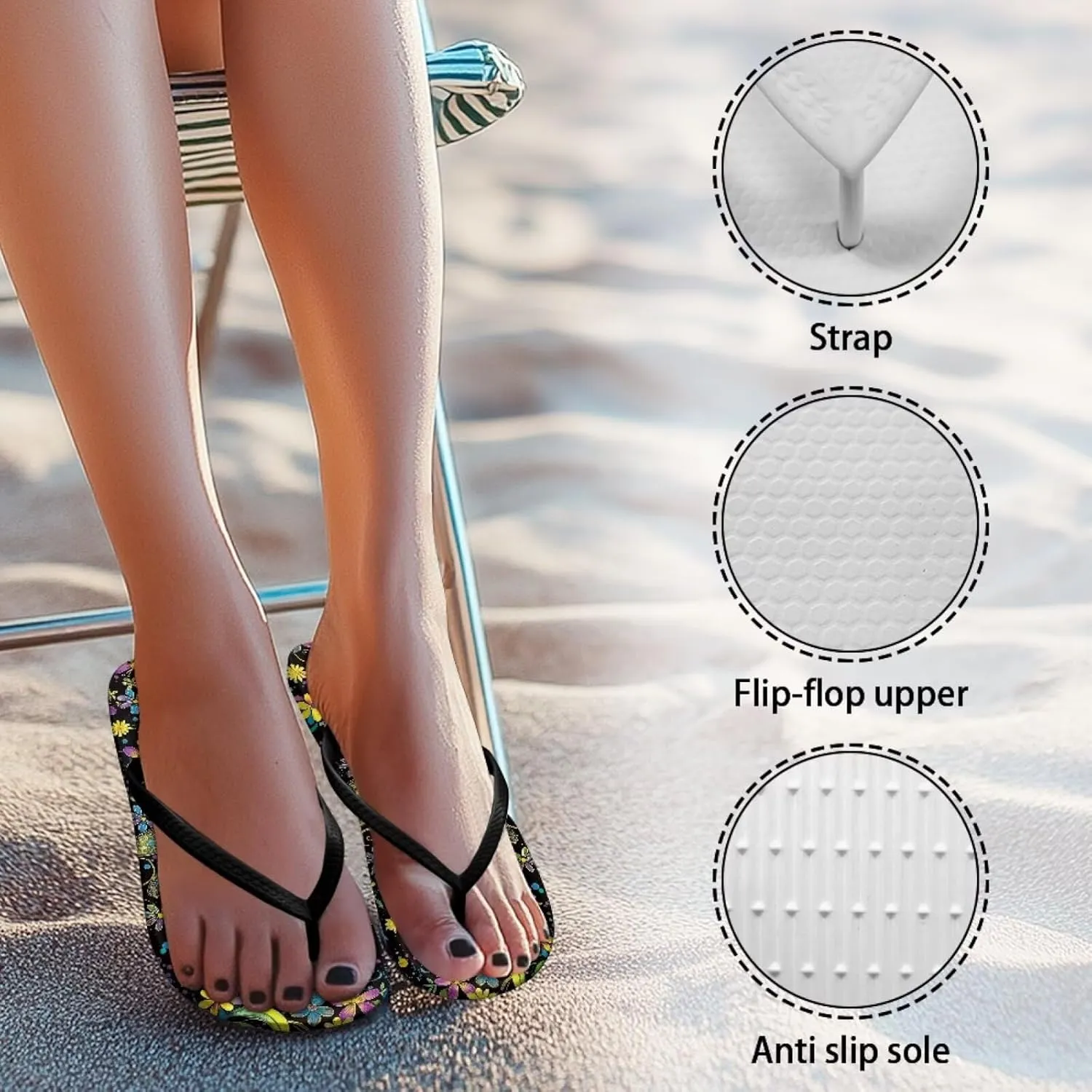 Bee Dragonfly Print Walking Flip Flops Shower Shoes for Women Beach Flat Sandals Thong Slippers