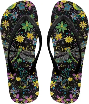 Bee Dragonfly Print Walking Flip Flops Shower Shoes for Women Beach Flat Sandals Thong Slippers
