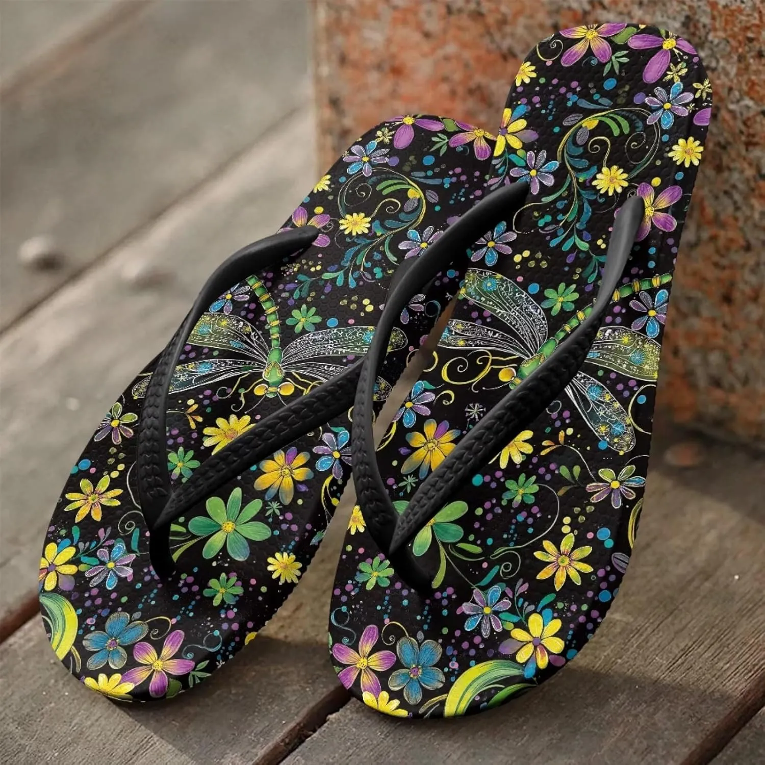 Bee Dragonfly Print Walking Flip Flops Shower Shoes for Women Beach Flat Sandals Thong Slippers