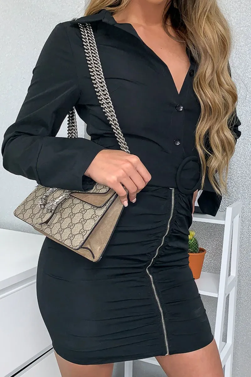 Black Button Zip Detail Belted Shirt Dress - Arabelle