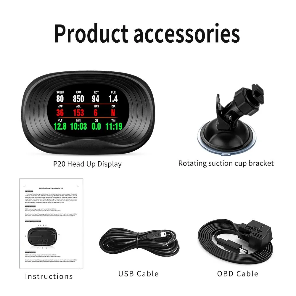 Car Hud Display Overspeed Temp Engine Alarm P20 Obd2   Gps