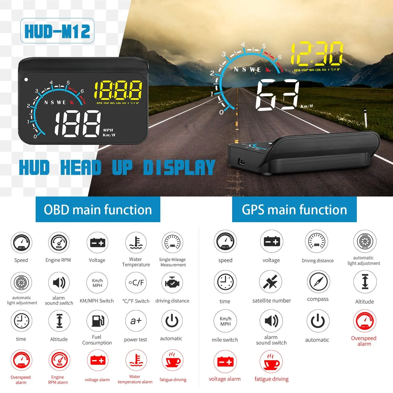 Car Hud Display Speed Temp Voltage Fault Obd2   Gps