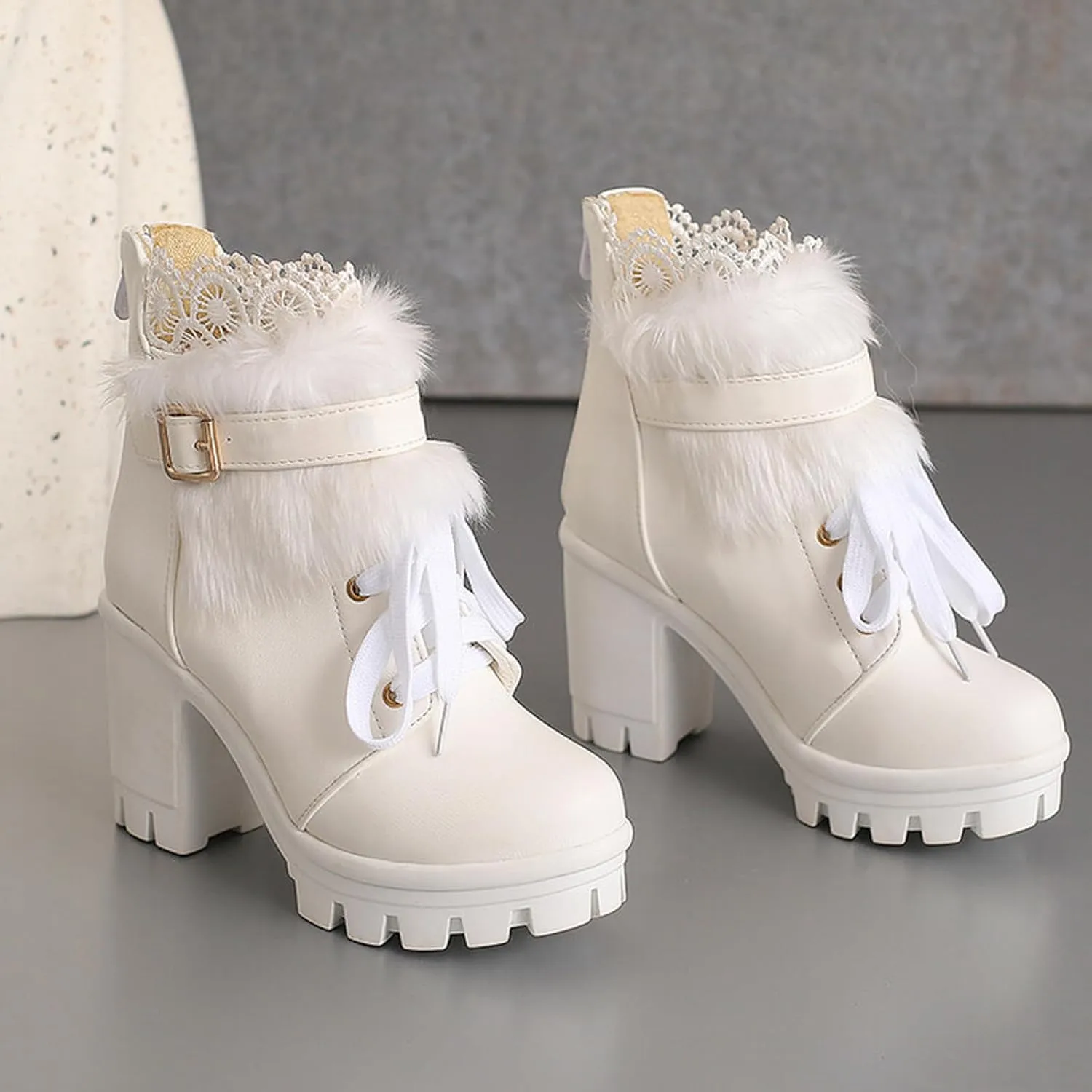 Cathalem Goth Boots for Women Fashion Lace Up Chunky Thick Heeled Booties Round Toe Fall Short Booties Shoes Platform Boots