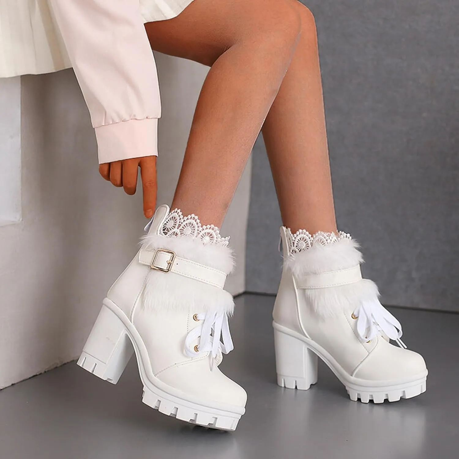 Cathalem Goth Boots for Women Fashion Lace Up Chunky Thick Heeled Booties Round Toe Fall Short Booties Shoes Platform Boots