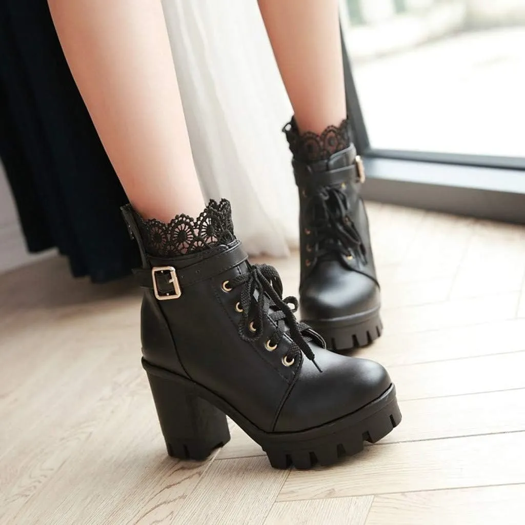 Cathalem Goth Boots for Women Fashion Lace Up Chunky Thick Heeled Booties Round Toe Fall Short Booties Shoes Platform Boots