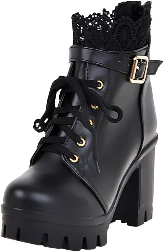 Cathalem Goth Boots for Women Fashion Lace Up Chunky Thick Heeled Booties Round Toe Fall Short Booties Shoes Platform Boots