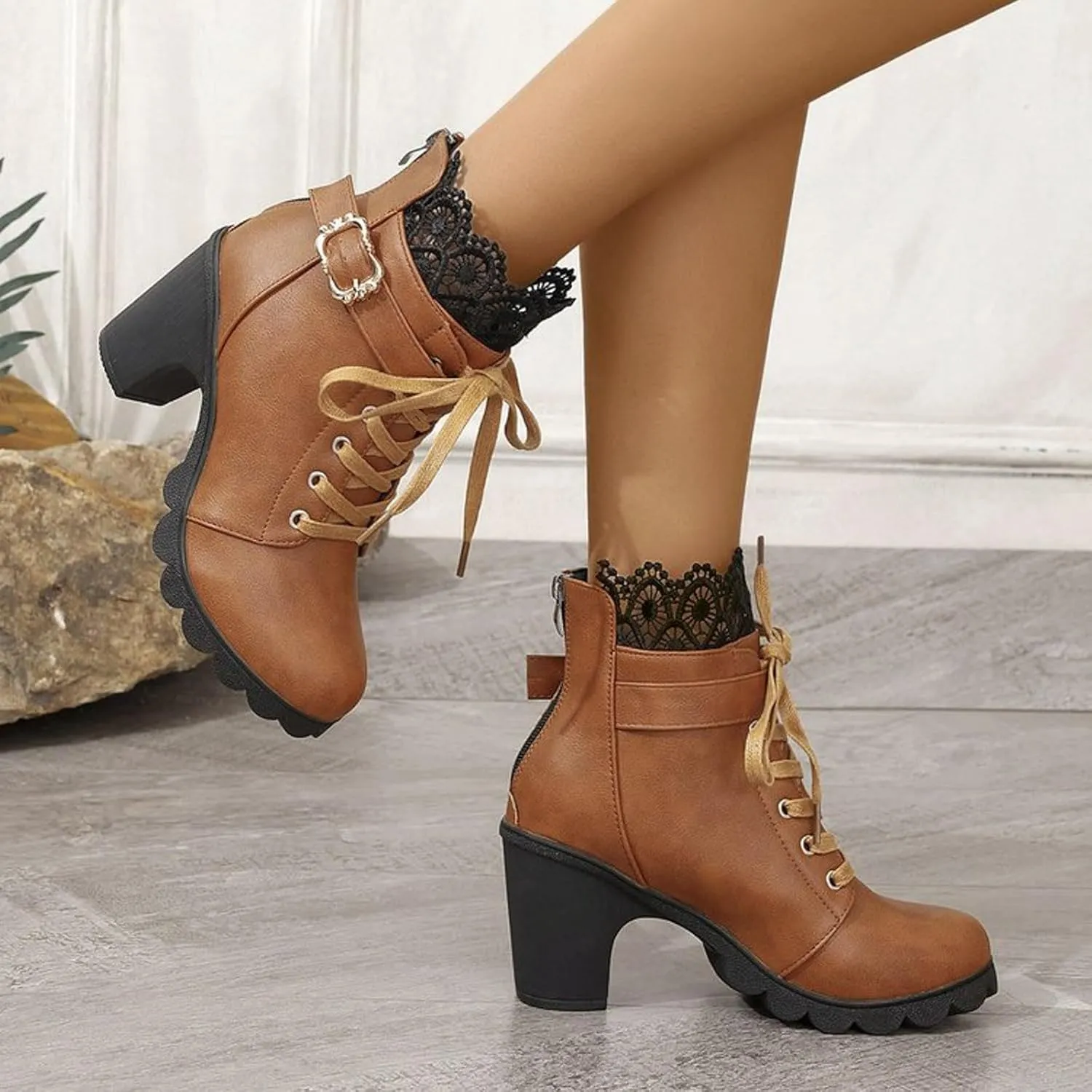 Cathalem Goth Boots for Women Fashion Lace Up Chunky Thick Heeled Booties Round Toe Fall Short Booties Shoes Platform Boots