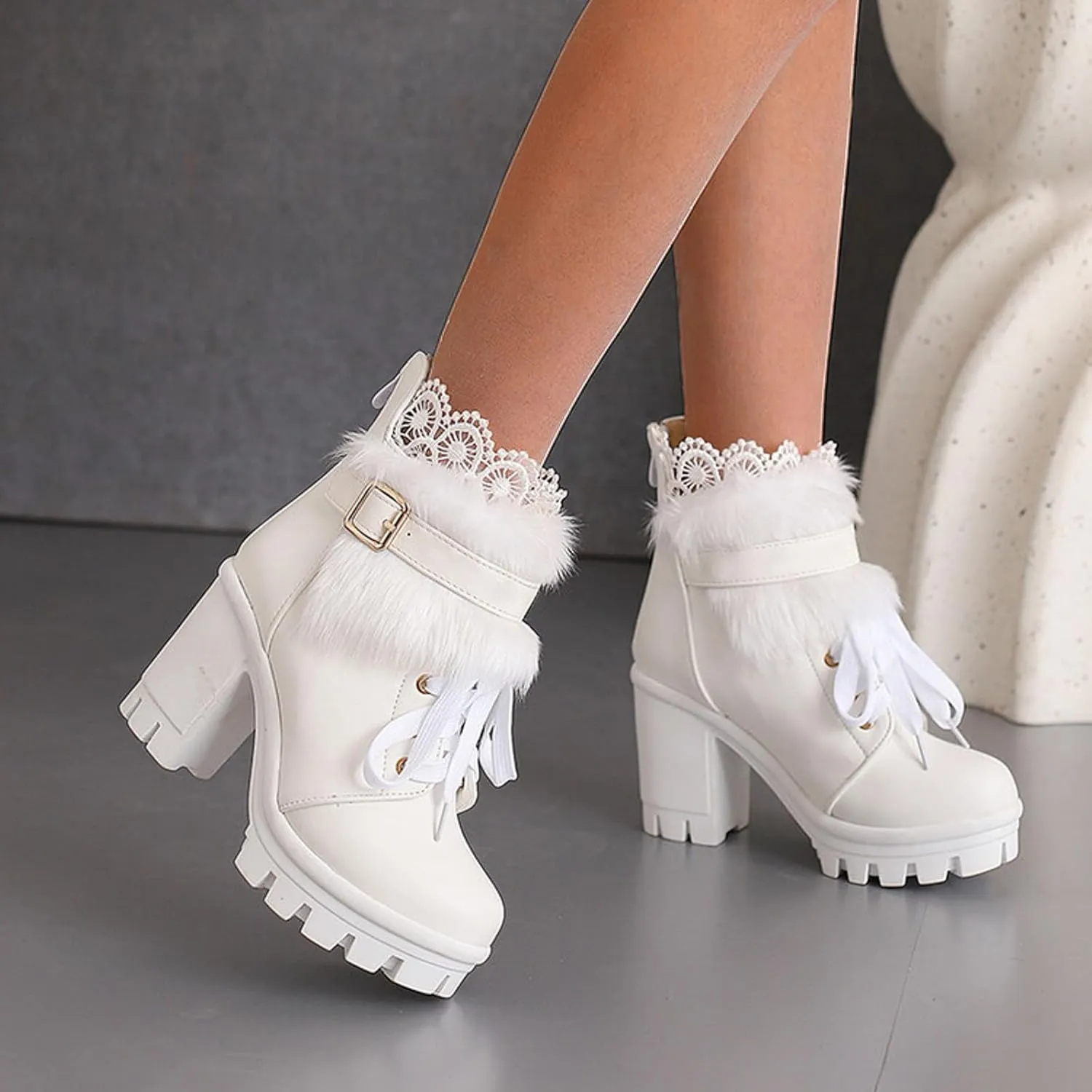 Cathalem Goth Boots for Women Fashion Lace Up Chunky Thick Heeled Booties Round Toe Fall Short Booties Shoes Platform Boots