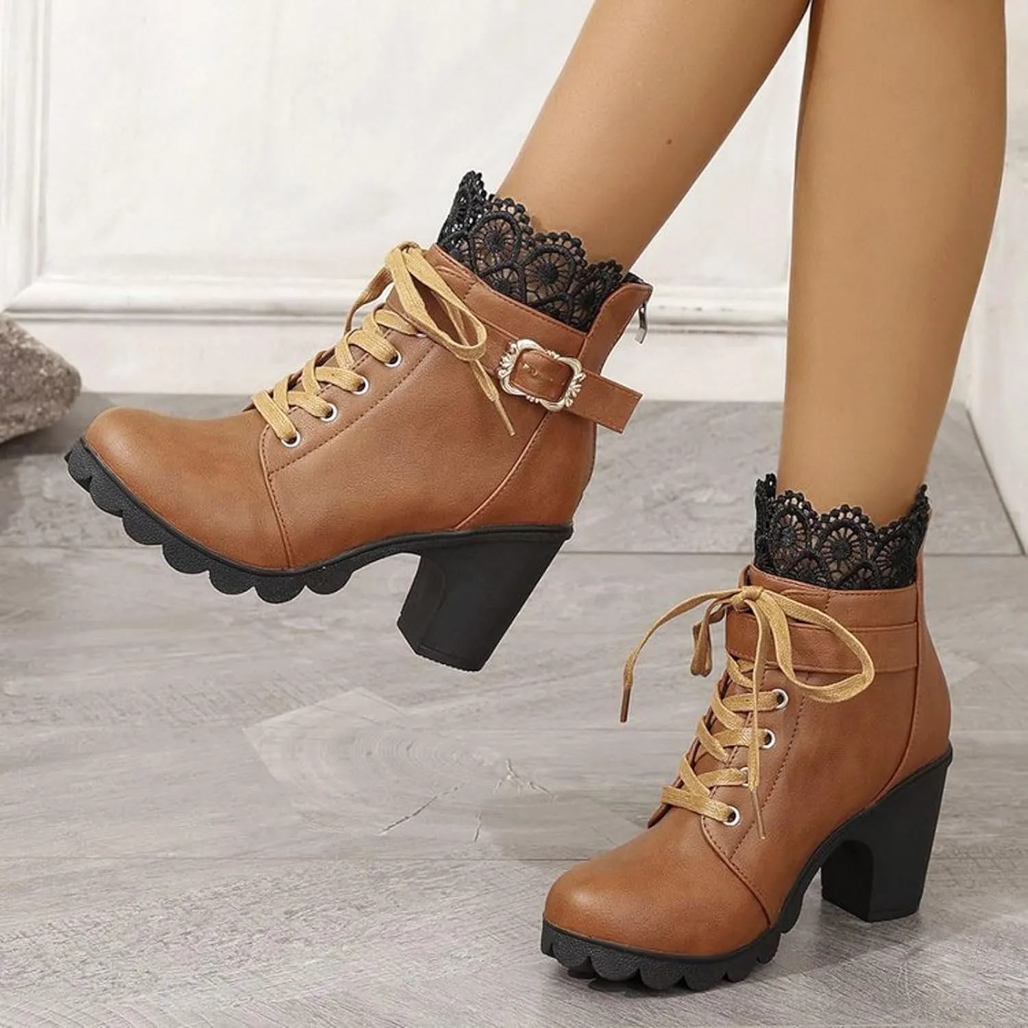 Cathalem Goth Boots for Women Fashion Lace Up Chunky Thick Heeled Booties Round Toe Fall Short Booties Shoes Platform Boots