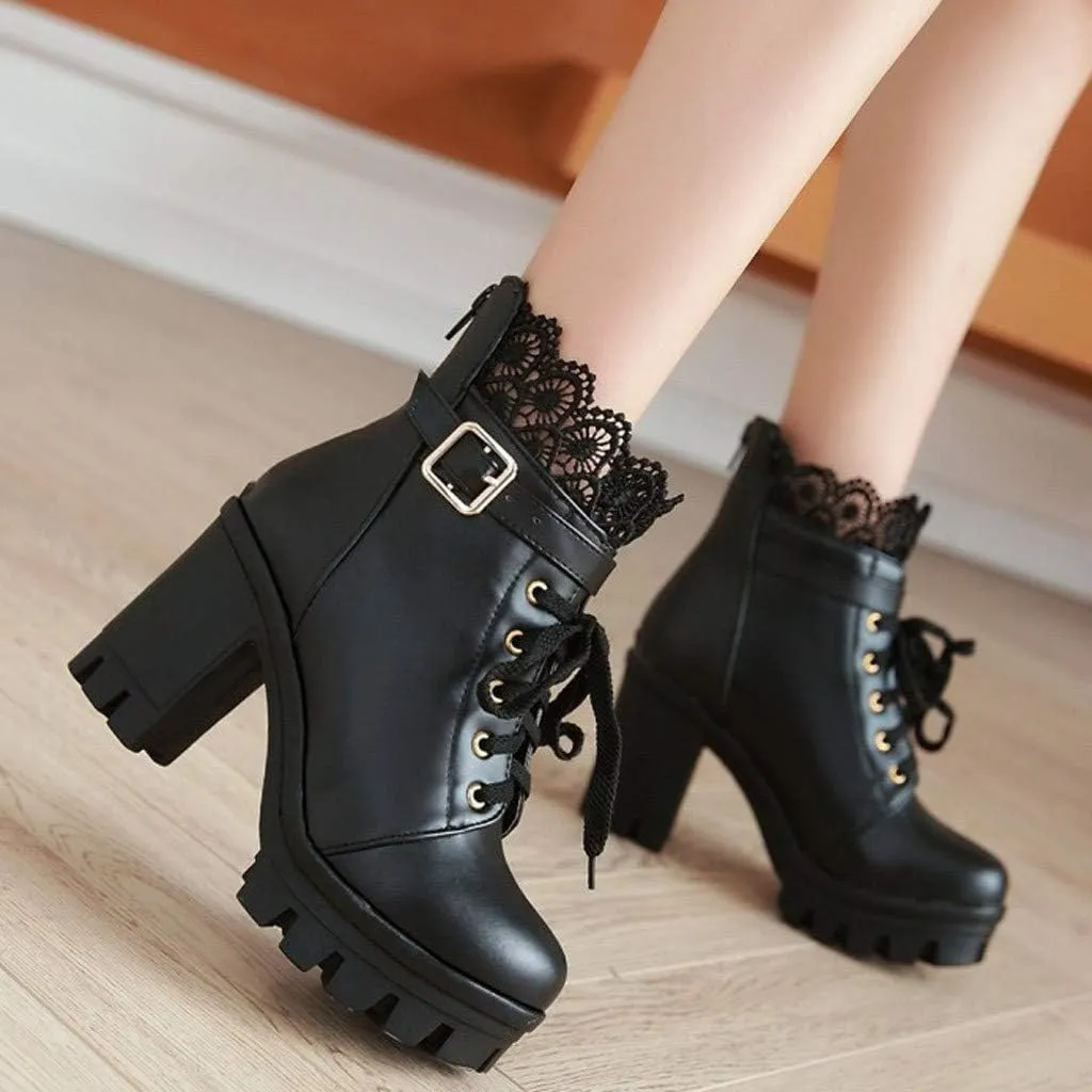 Cathalem Goth Boots for Women Fashion Lace Up Chunky Thick Heeled Booties Round Toe Fall Short Booties Shoes Platform Boots