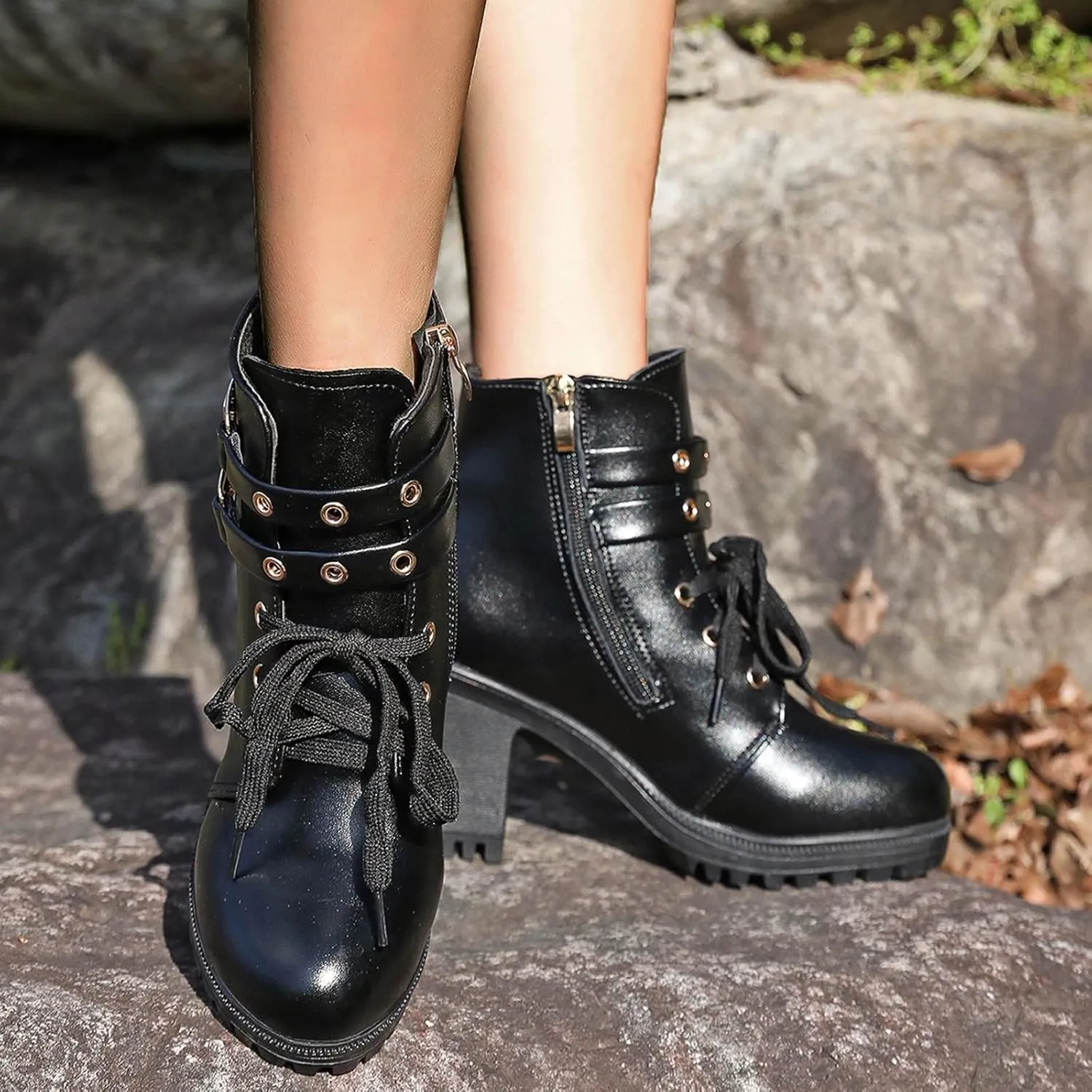 Cathalem Gothic Boots for Women Platform Combat Ankle Booties Lace Up Chunky Thick Heeled Booties Round Toe Fall Short Booties