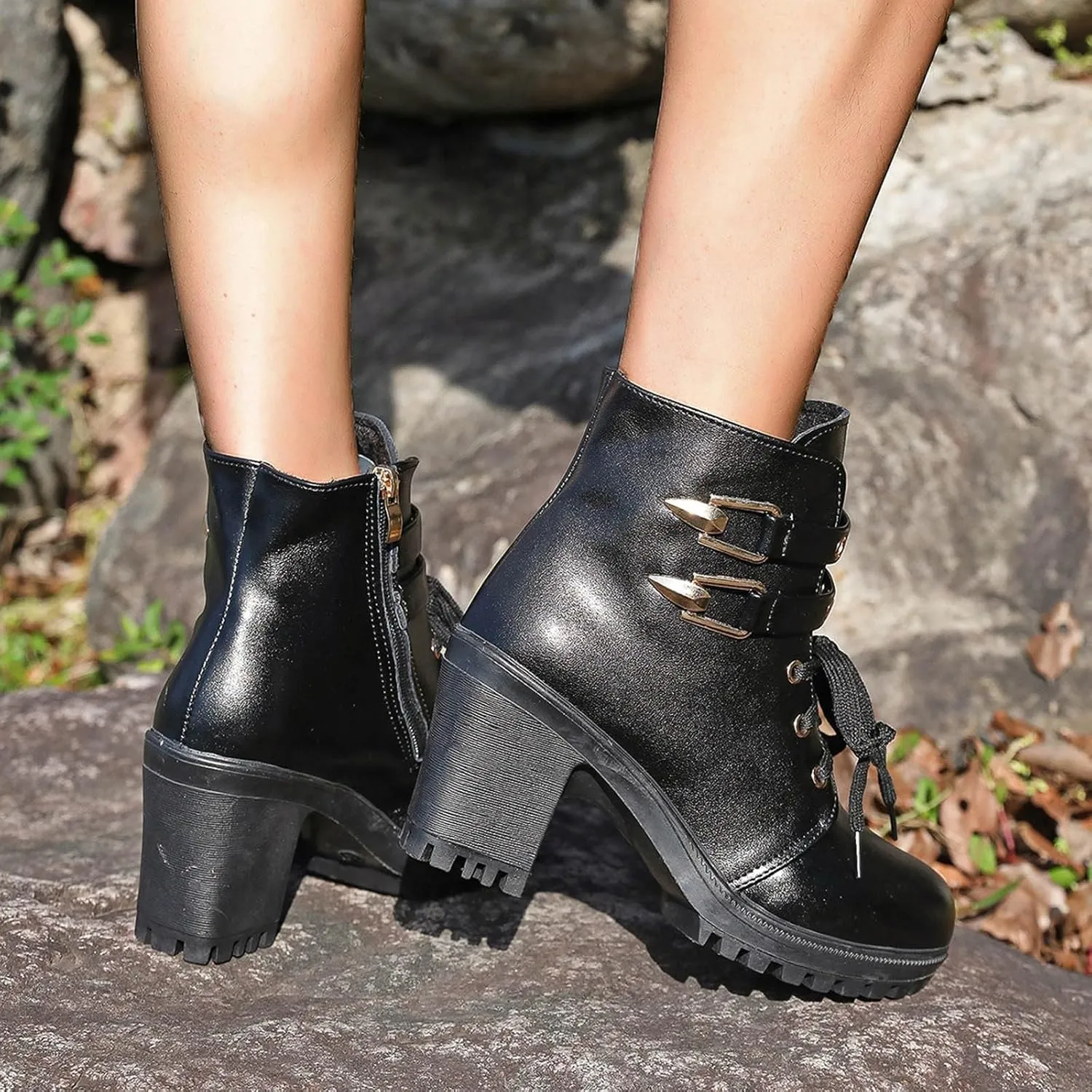 Cathalem Gothic Boots for Women Platform Combat Ankle Booties Lace Up Chunky Thick Heeled Booties Round Toe Fall Short Booties