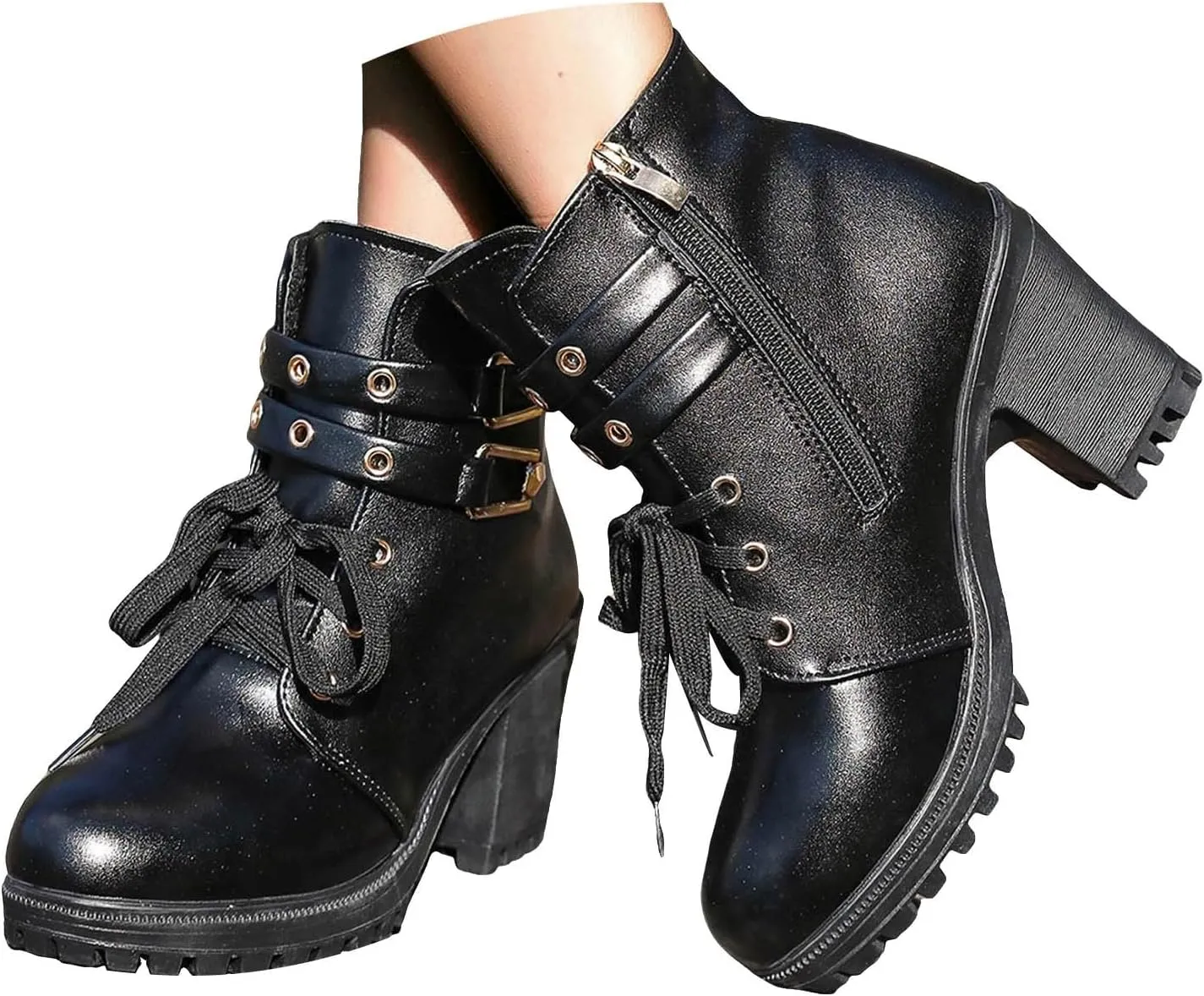 Cathalem Gothic Boots for Women Platform Combat Ankle Booties Lace Up Chunky Thick Heeled Booties Round Toe Fall Short Booties