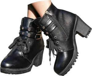Cathalem Gothic Boots for Women Platform Combat Ankle Booties Lace Up Chunky Thick Heeled Booties Round Toe Fall Short Booties
