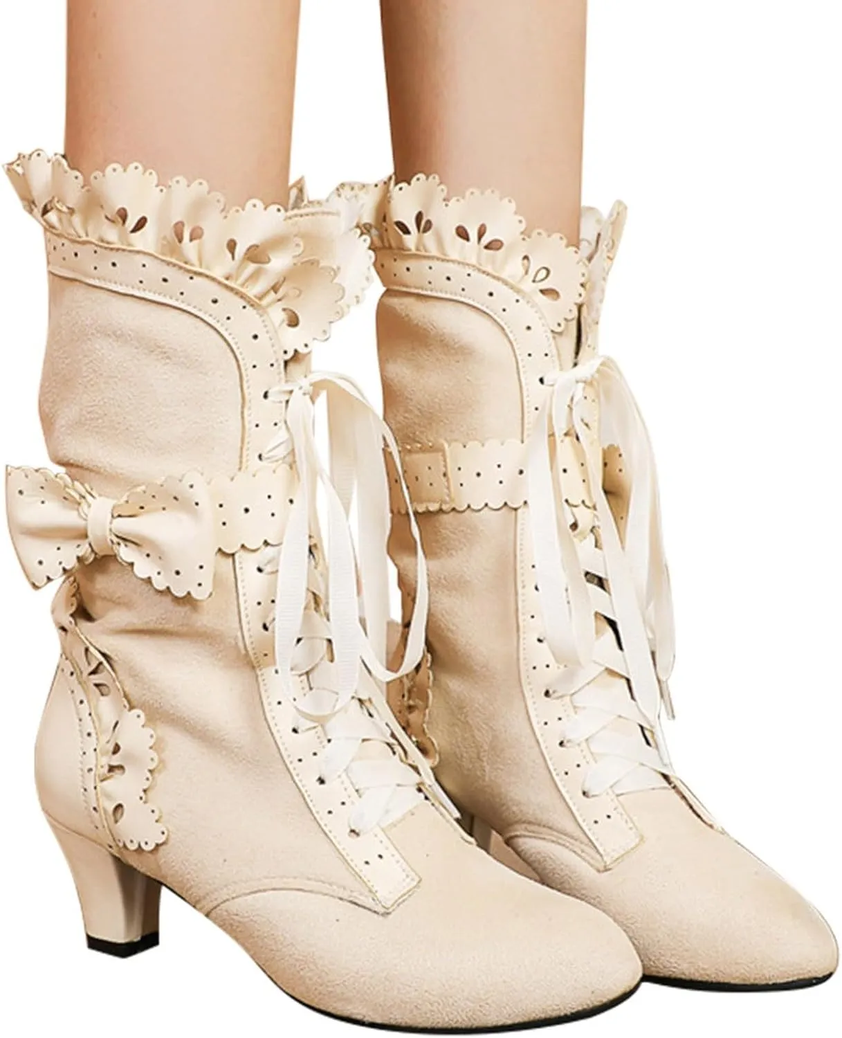 Cathalem Victorian Boots for Women 70s Mid Heels Vintage Boots Casual Lace Up Renaissance Boots Halloween Cosplay Witch Shoes 2024 2024