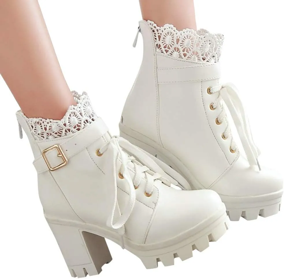 Cathalem Women's Goth Platform Combat Ankle Booties Fashion Lace Up Chunky Thick Heeled Booties Round Toe Fall Short Booties Shoes