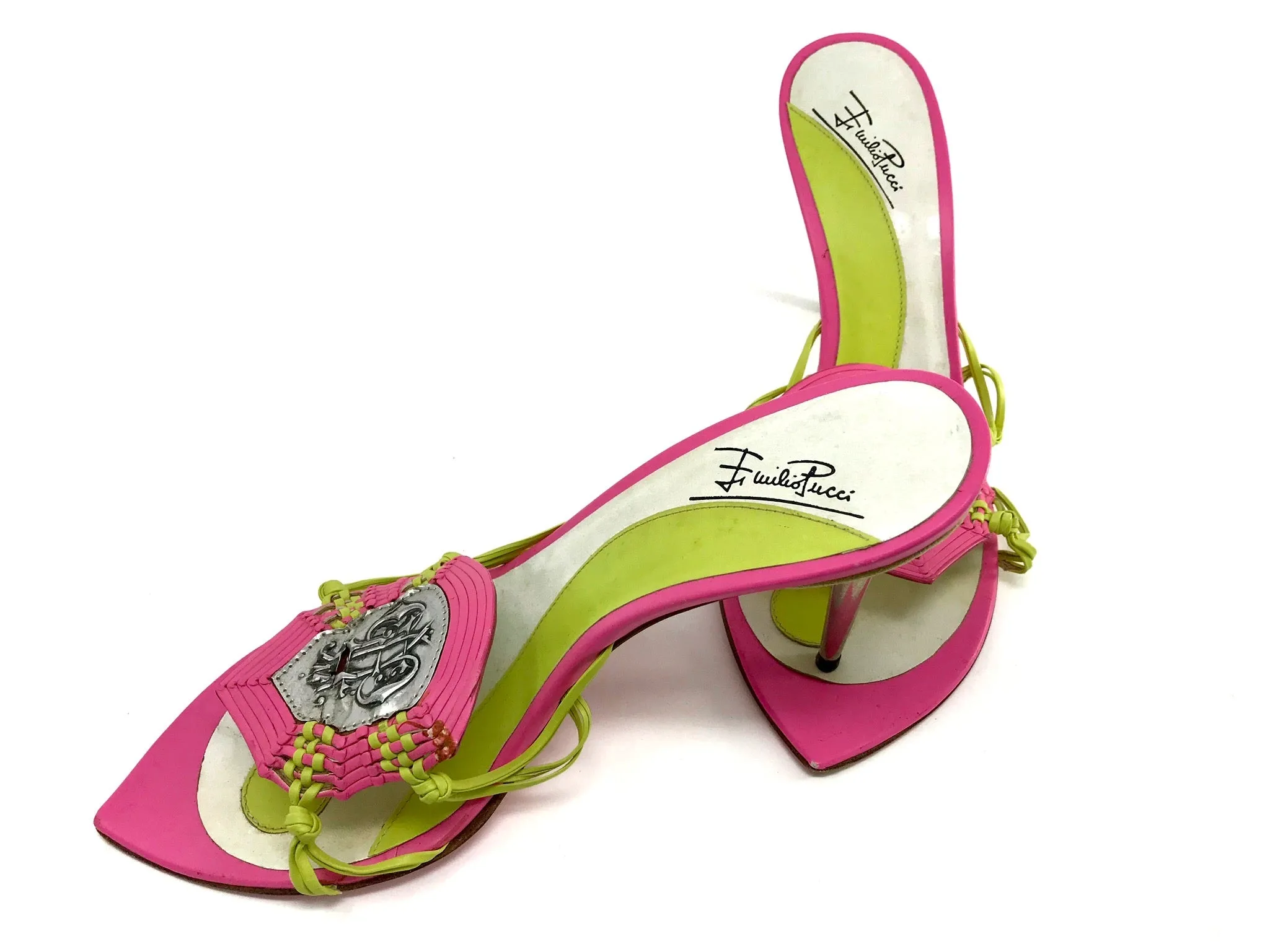 Emilio Pucci Pink Yellow Heels Medallion Crystal Embellished Size US8 | IT38.5