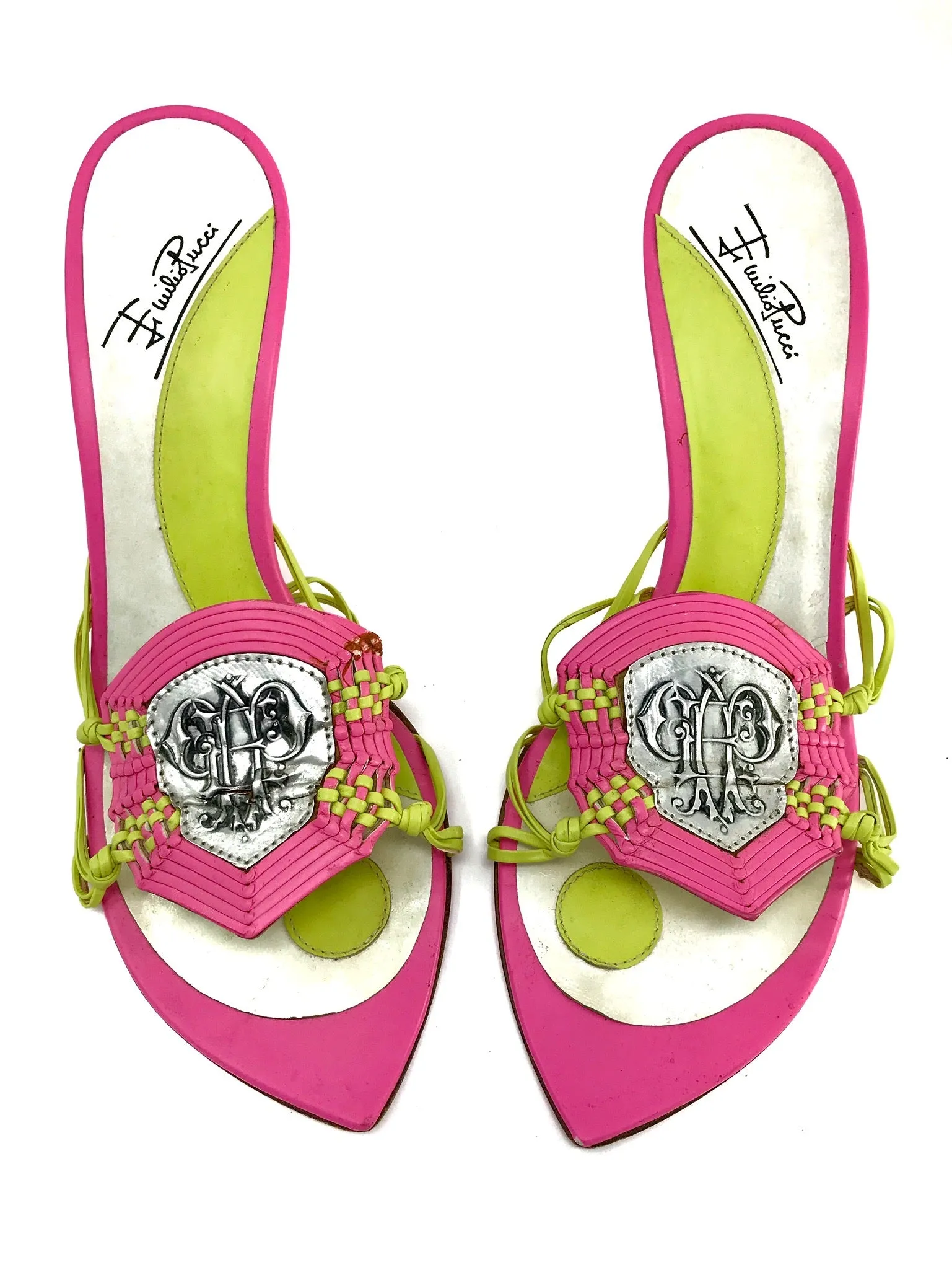 Emilio Pucci Pink Yellow Heels Medallion Crystal Embellished Size US8 | IT38.5