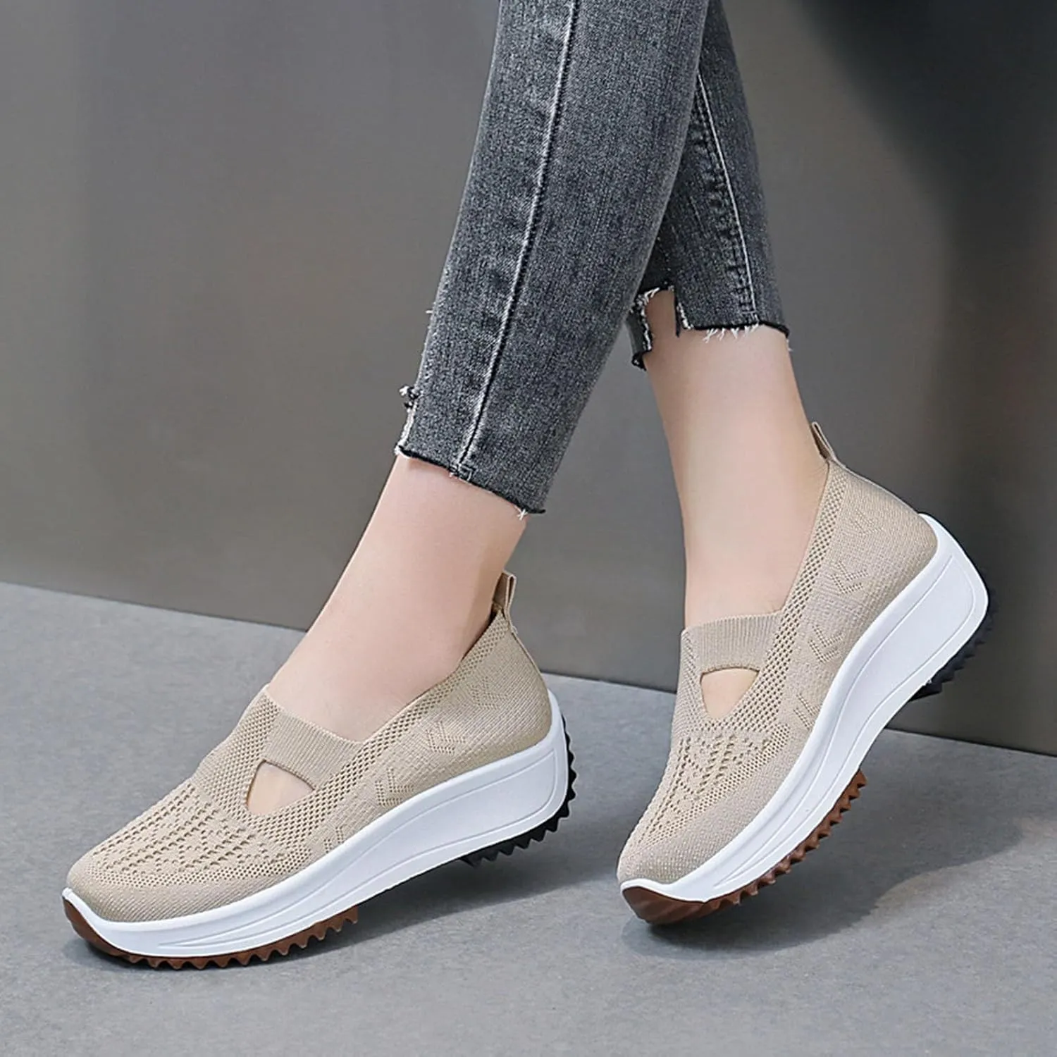 Fashion Summer Women Sports Shoes Flat Bottom Non Slip Mesh Hollow Upper Breathable Soft Slip On Low Top Platform Shoe