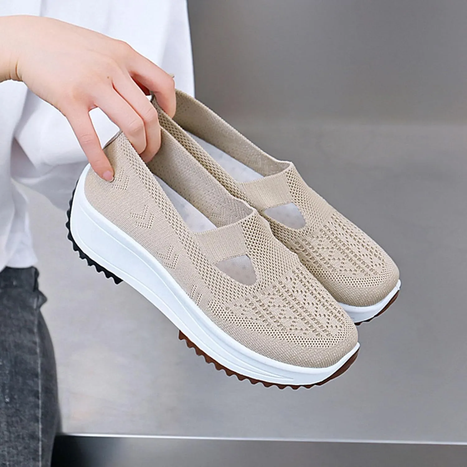 Fashion Summer Women Sports Shoes Flat Bottom Non Slip Mesh Hollow Upper Breathable Soft Slip On Low Top Platform Shoe