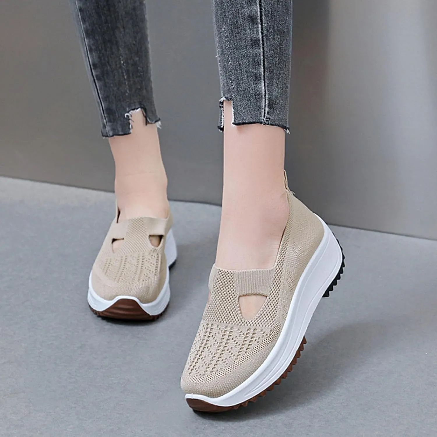 Fashion Summer Women Sports Shoes Flat Bottom Non Slip Mesh Hollow Upper Breathable Soft Slip On Low Top Platform Shoe