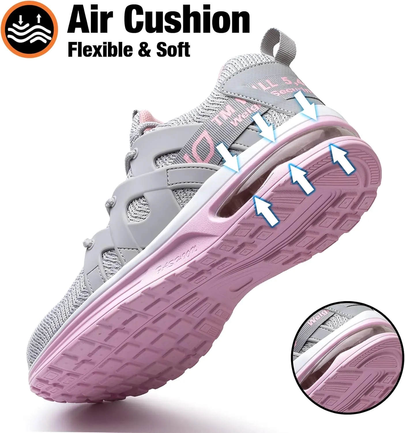 Kezhiho Steel Toe Shoes for Women Air Cushion Lightweight Work Shoes Comfortable Breathable Puncture Proof Slip Resistant Sneakers Indestructible Construction Industrial Safety Shoes