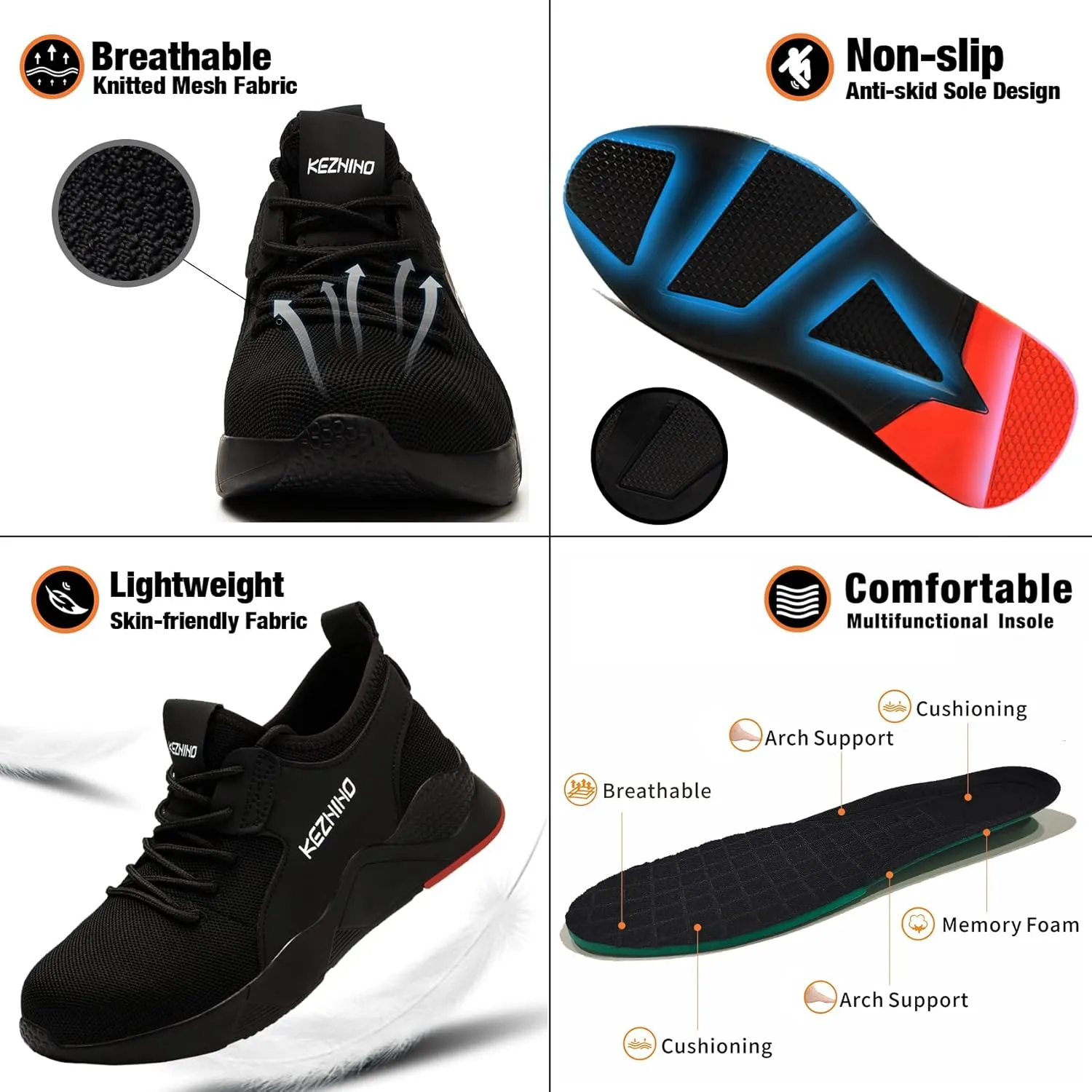 Kezhiho Steel Toe Work Shoes for Men Lightweight Comfortable Slip Resistant Puncture Proof Safety Shoes Breathable Indestructible Construction Industrial Sneakers