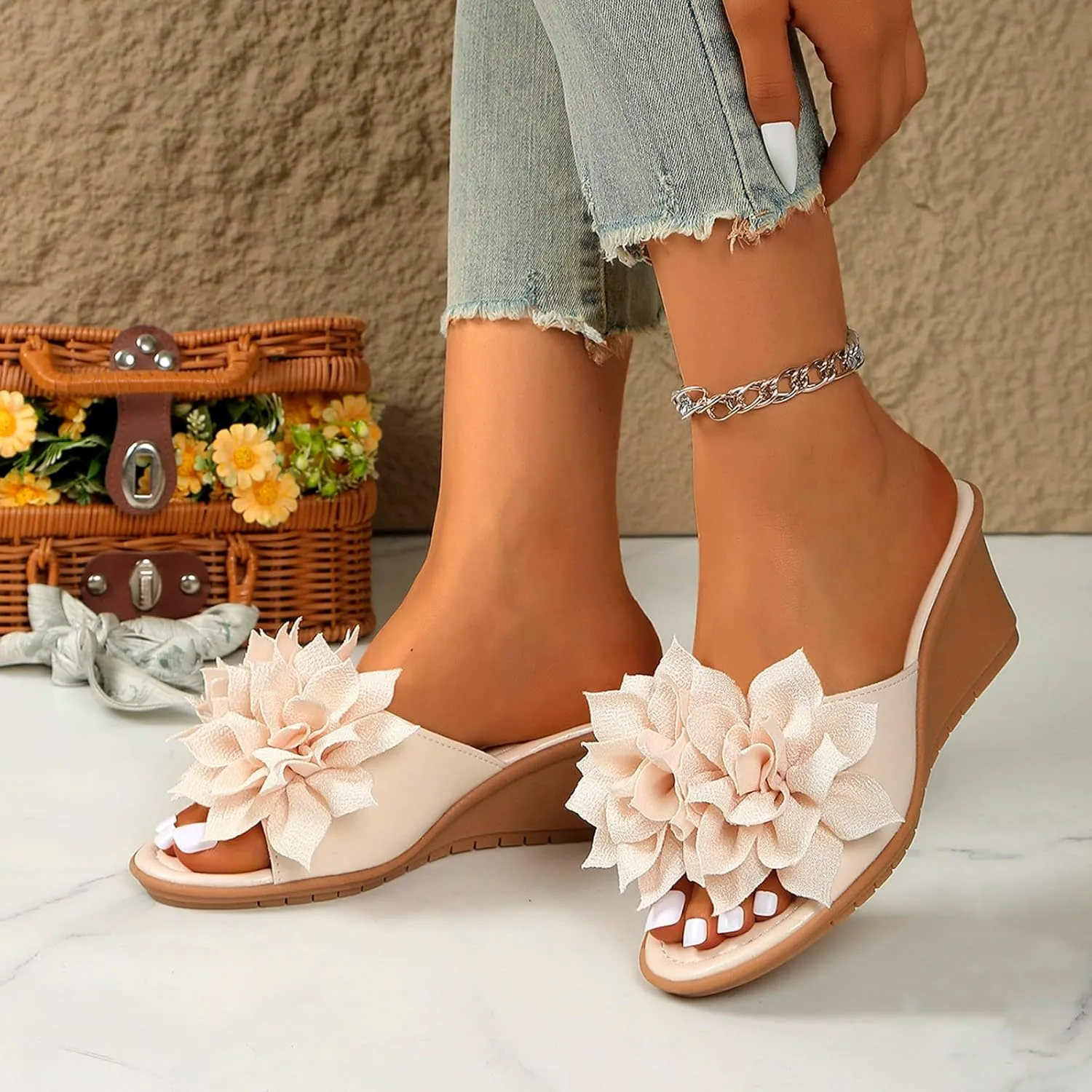 Ladies Flower Sandal Slippers Summer Slope Heel Fish Mouth Women's Casual Roman High Heel Women Beach Sandals Sexy