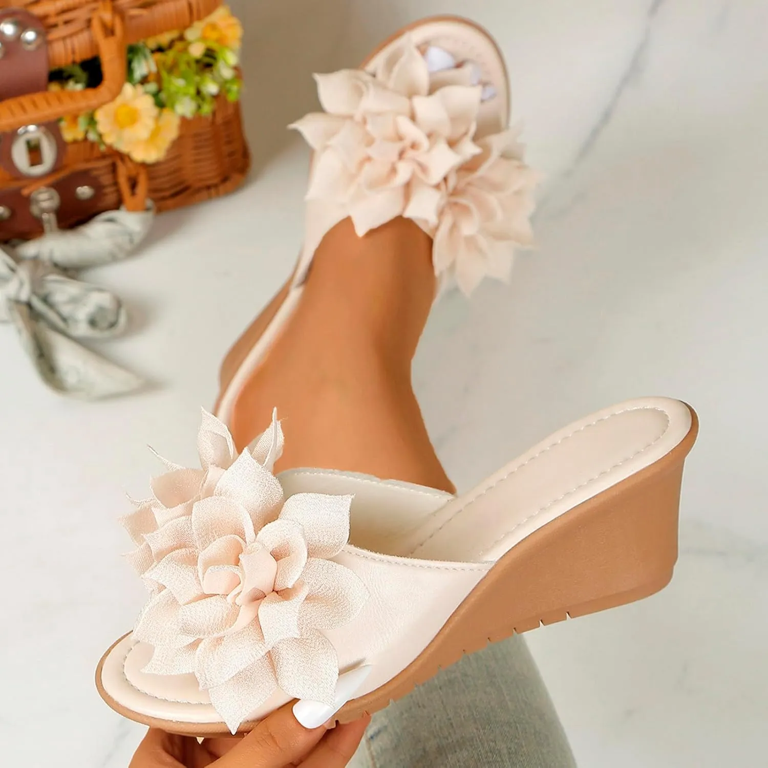 Ladies Flower Sandal Slippers Summer Slope Heel Fish Mouth Women's Casual Roman High Heel Women Beach Sandals Sexy