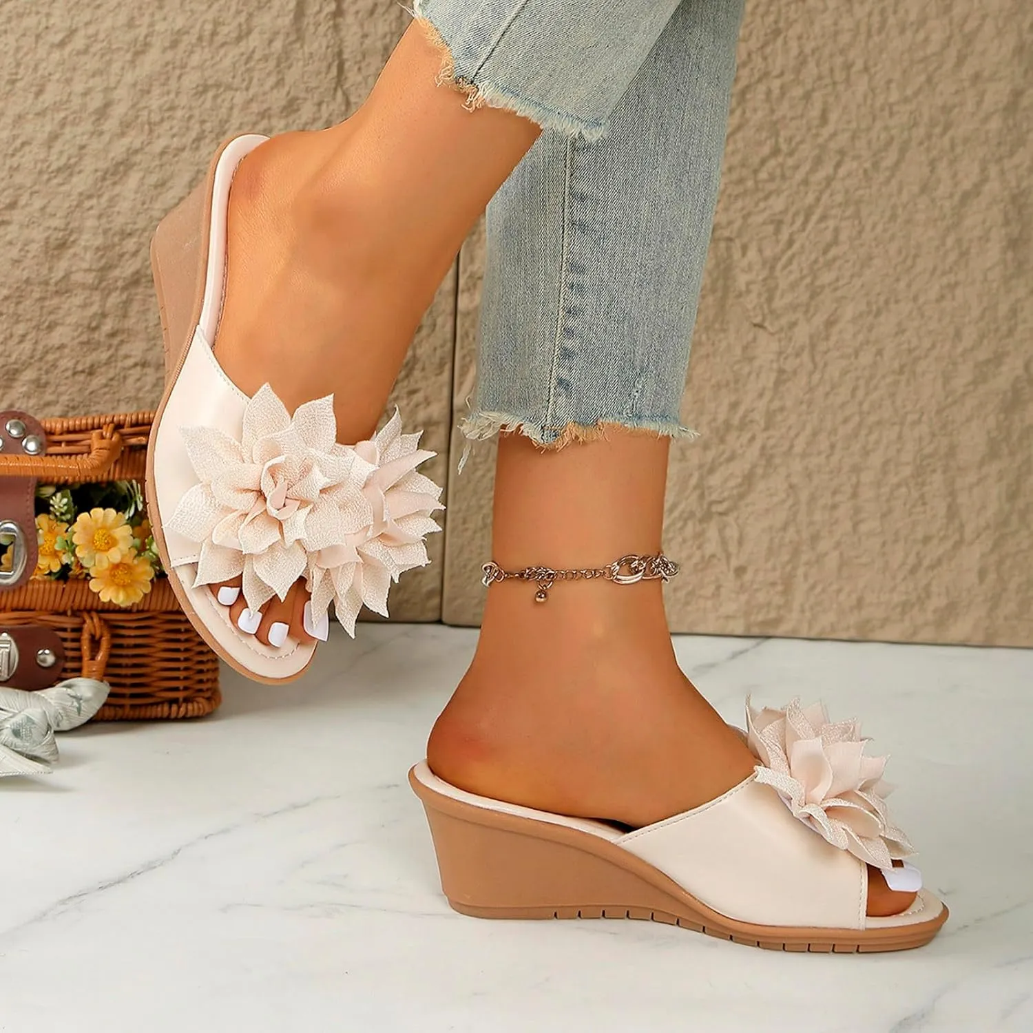 Ladies Flower Sandal Slippers Summer Slope Heel Fish Mouth Women's Casual Roman High Heel Women Beach Sandals Sexy