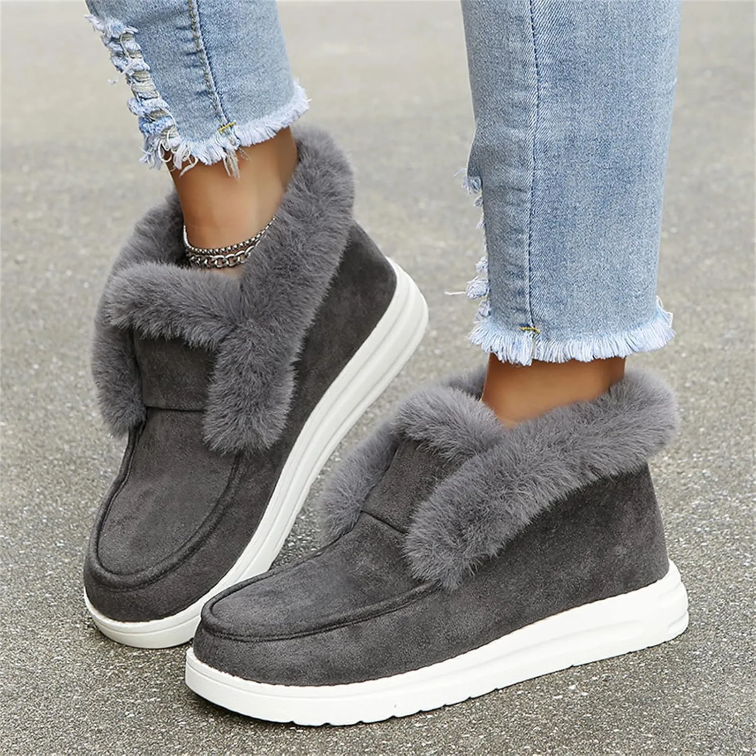 Lausiuoe Winter Boots For Women Fashion 2022 Fuzzy Ankle Bootie Warm Fluffy Silp On Casual Loafers House Shoes Slippers