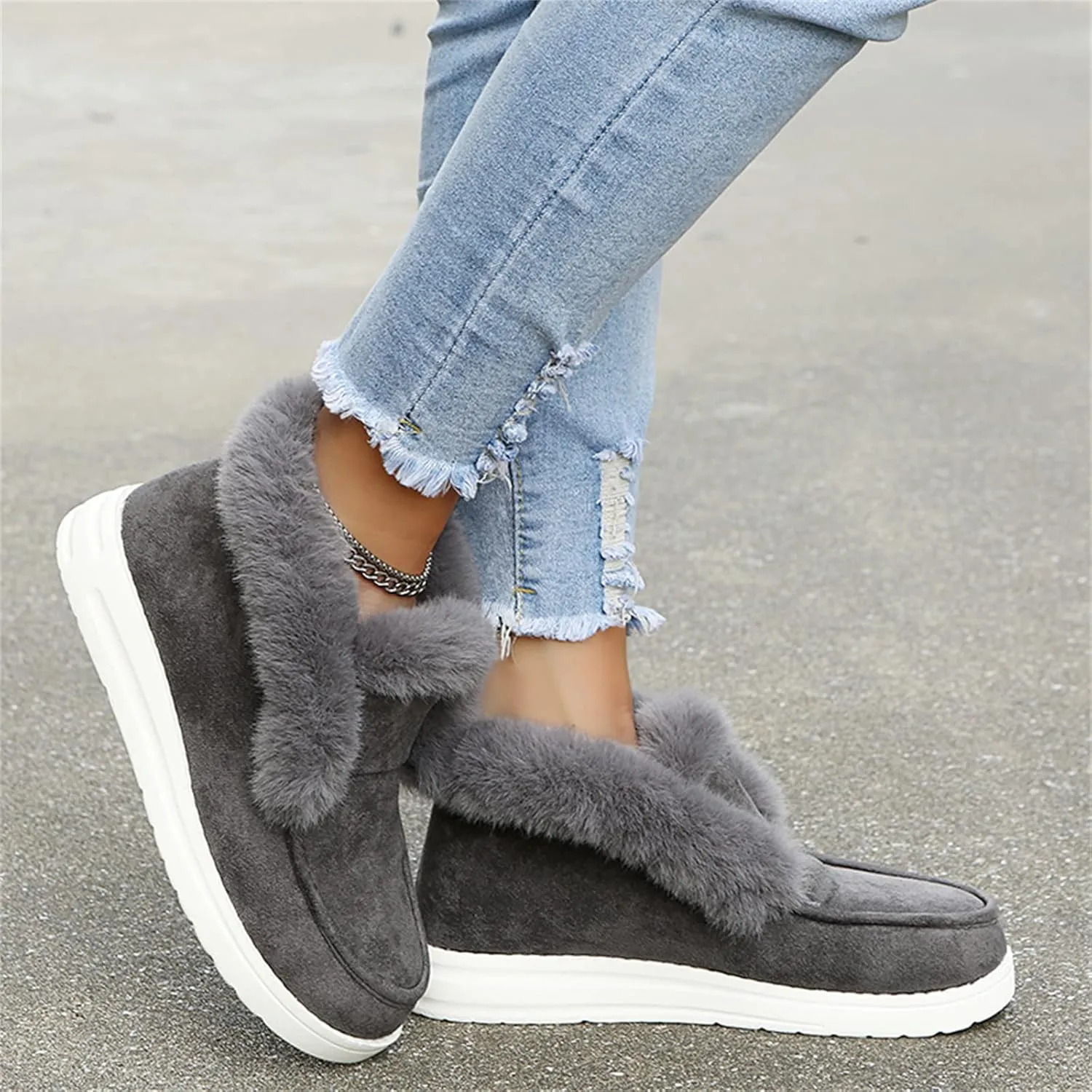 Lausiuoe Winter Boots For Women Fashion 2022 Fuzzy Ankle Bootie Warm Fluffy Silp On Casual Loafers House Shoes Slippers