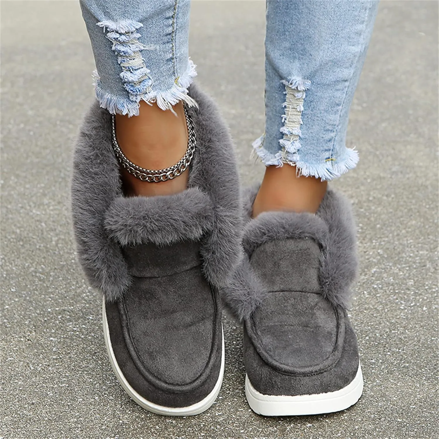 Lausiuoe Winter Boots For Women Fashion 2022 Fuzzy Ankle Bootie Warm Fluffy Silp On Casual Loafers House Shoes Slippers