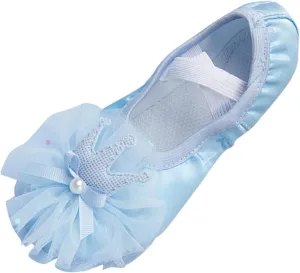 Leather Ballet Shoes Toddler Girls Ballet Slippers with Bow No-Tie Baby Dance Shoes Non-Slip Yoga Shoes (Blue, 10 Toddler)