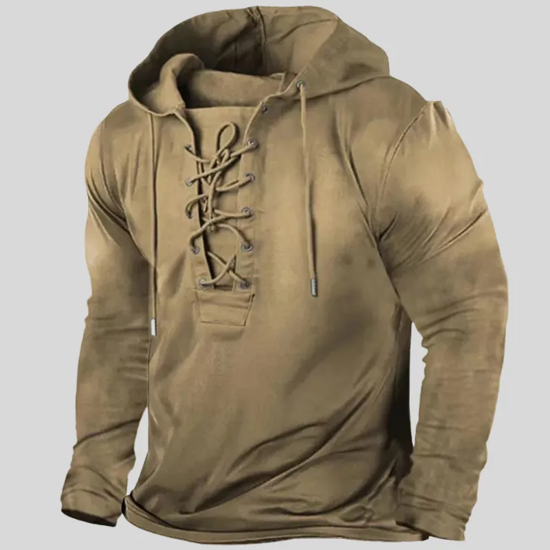 Mens Long-Sleeve Shirt - Heavy Cotton Blend - Lace-Up Neck - Durable Utility Wear