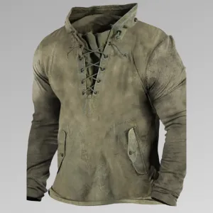 Mens Long-Sleeve Shirt - Heavy Cotton Blend - Lace-Up Neck - Durable Utility Wear