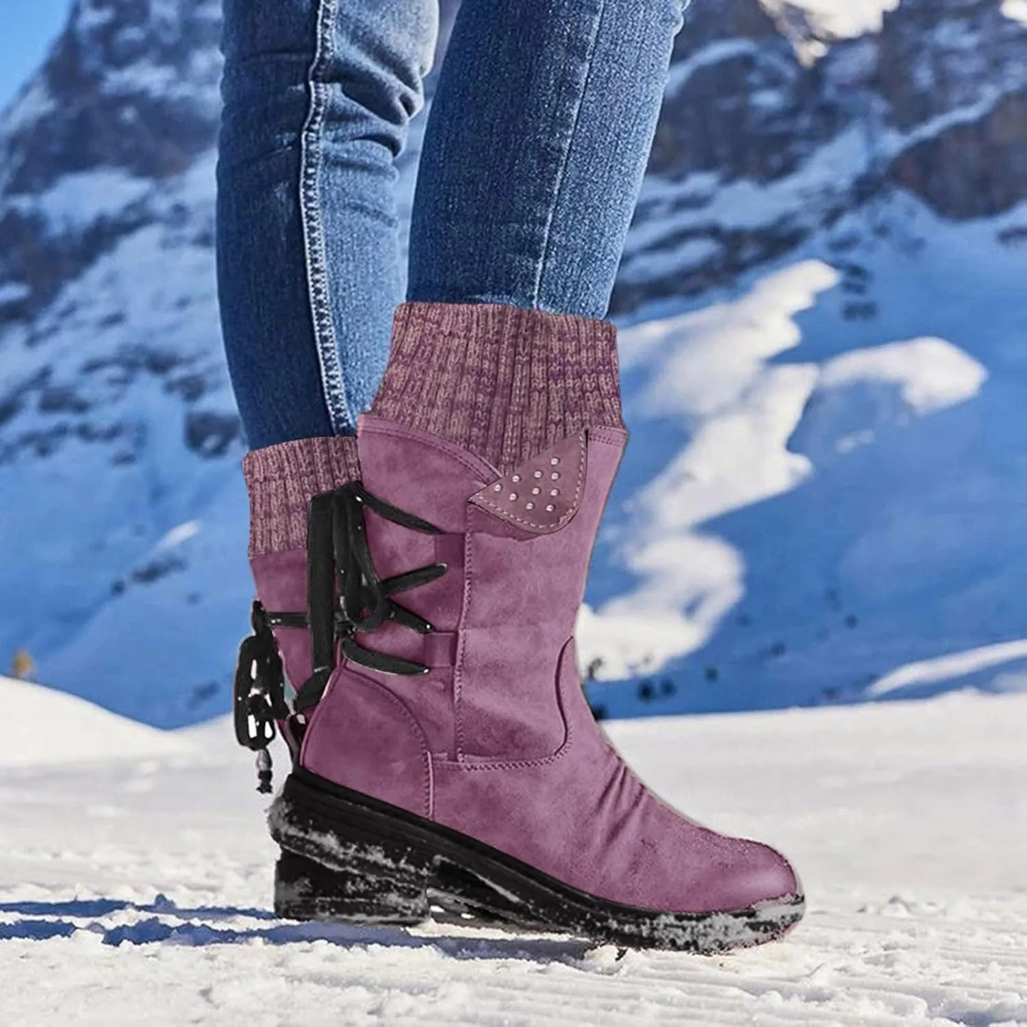 Mid Boots Up for Women Shoes Lace Calf Vintage Heels Thick Casual Boots Retro Women's Boots Dress Snow Boots Women