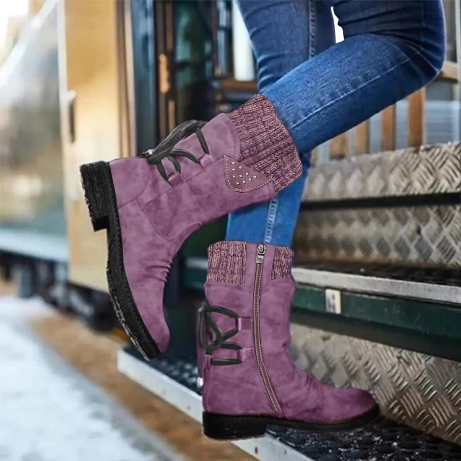 Mid Boots Up for Women Shoes Lace Calf Vintage Heels Thick Casual Boots Retro Women's Boots Dress Snow Boots Women