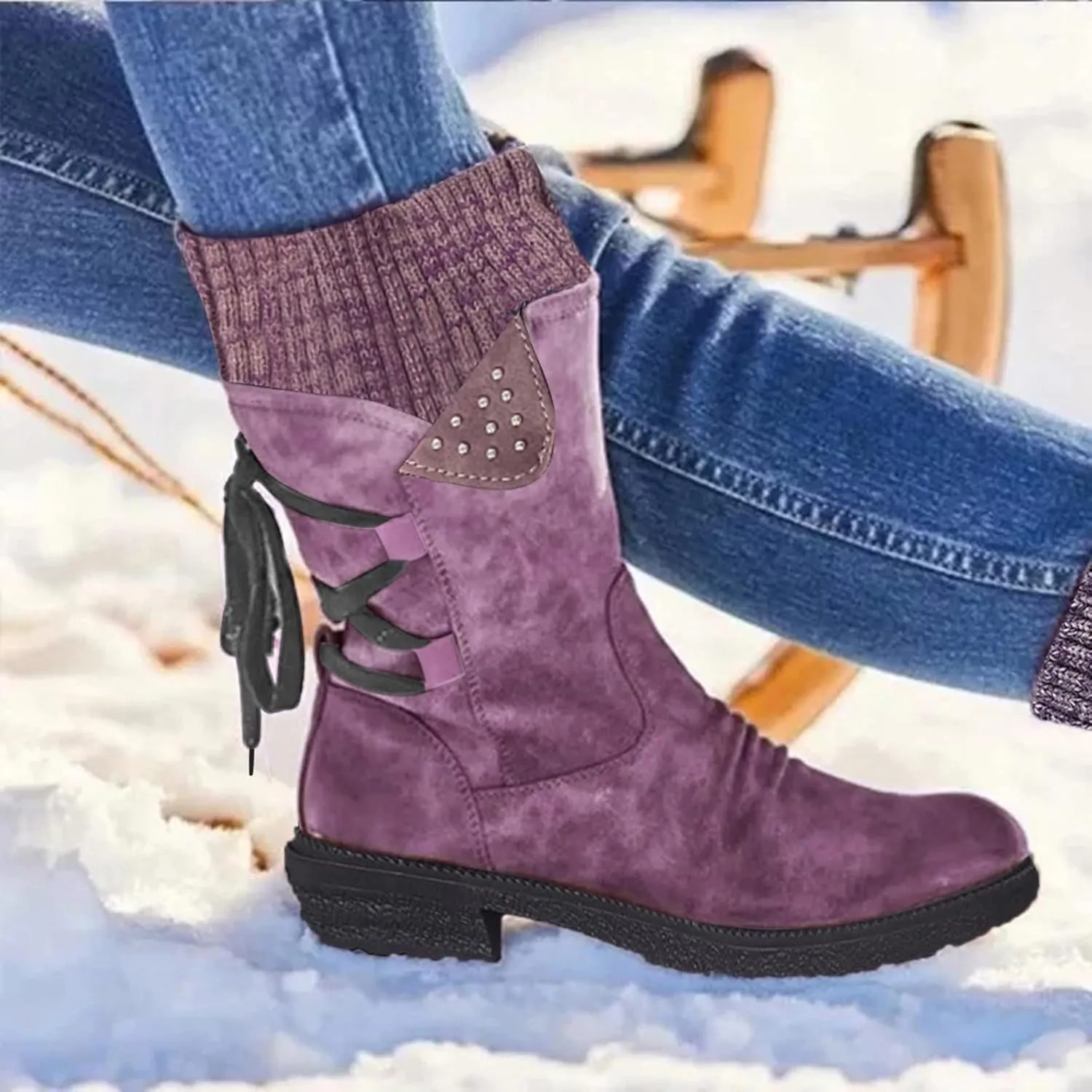 Mid Boots Up for Women Shoes Lace Calf Vintage Heels Thick Casual Boots Retro Women's Boots Dress Snow Boots Women
