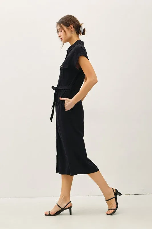 Modern Utility Button-Up Midi Dress