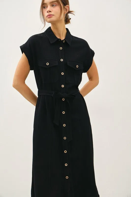Modern Utility Button-Up Midi Dress