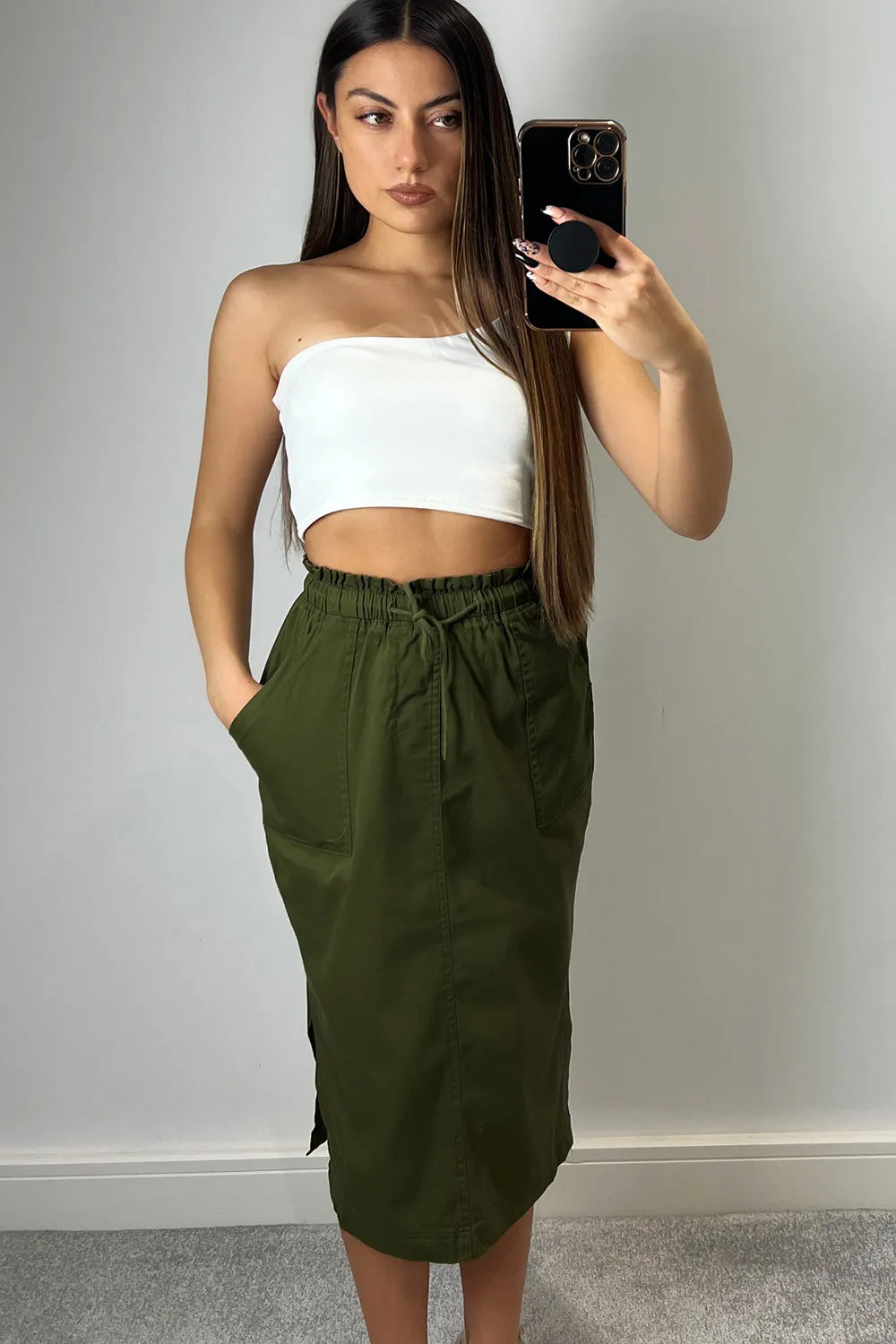 Samaya Khaki Utility Cargo Drawstring Midi Skirt
