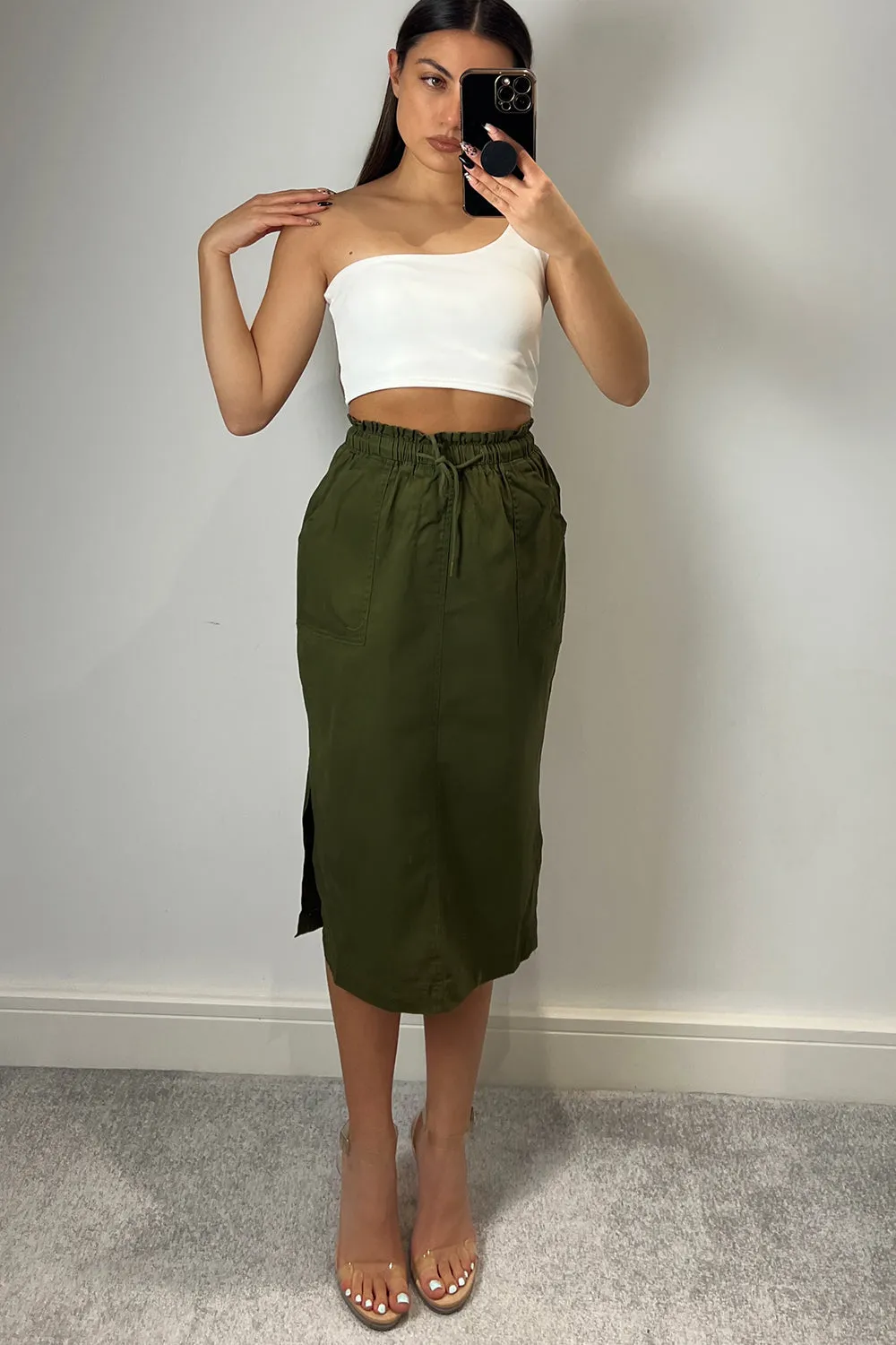 Samaya Khaki Utility Cargo Drawstring Midi Skirt