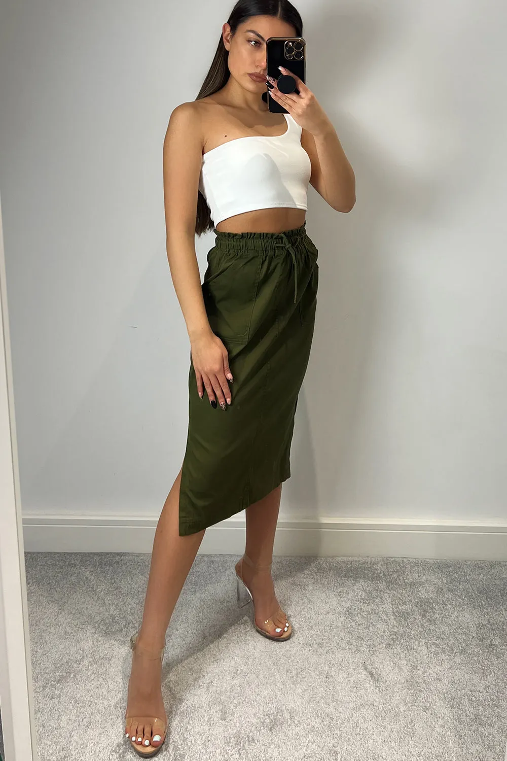 Samaya Khaki Utility Cargo Drawstring Midi Skirt