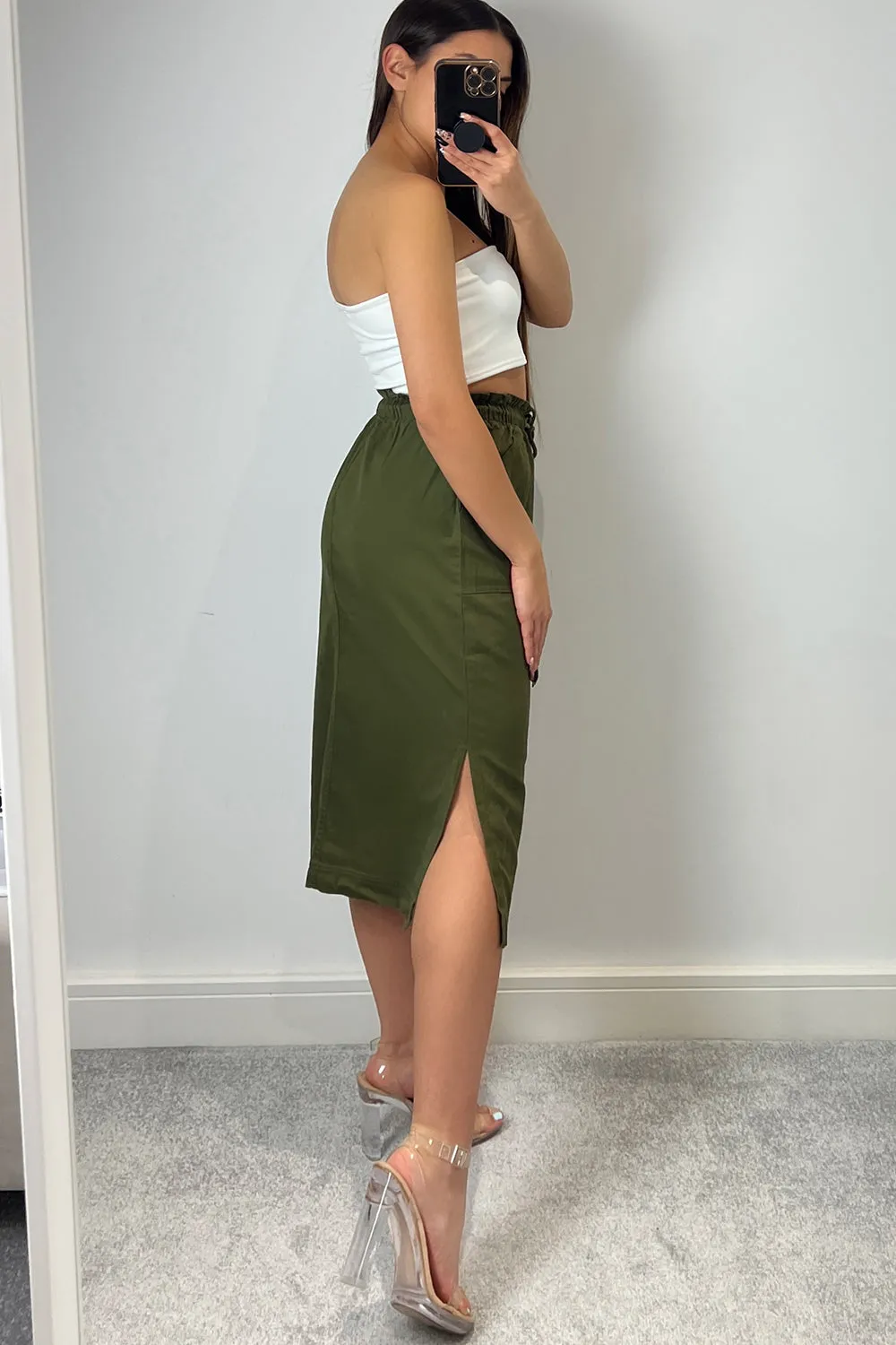 Samaya Khaki Utility Cargo Drawstring Midi Skirt